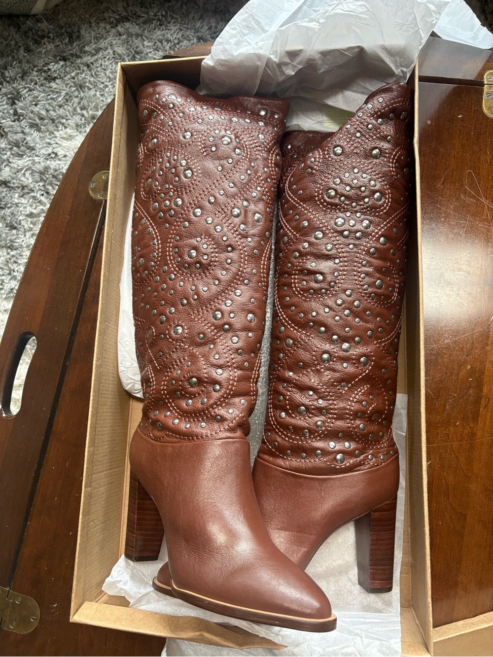 Cognac Genuine Leather Studded Knee-High Western Boots – EU 37